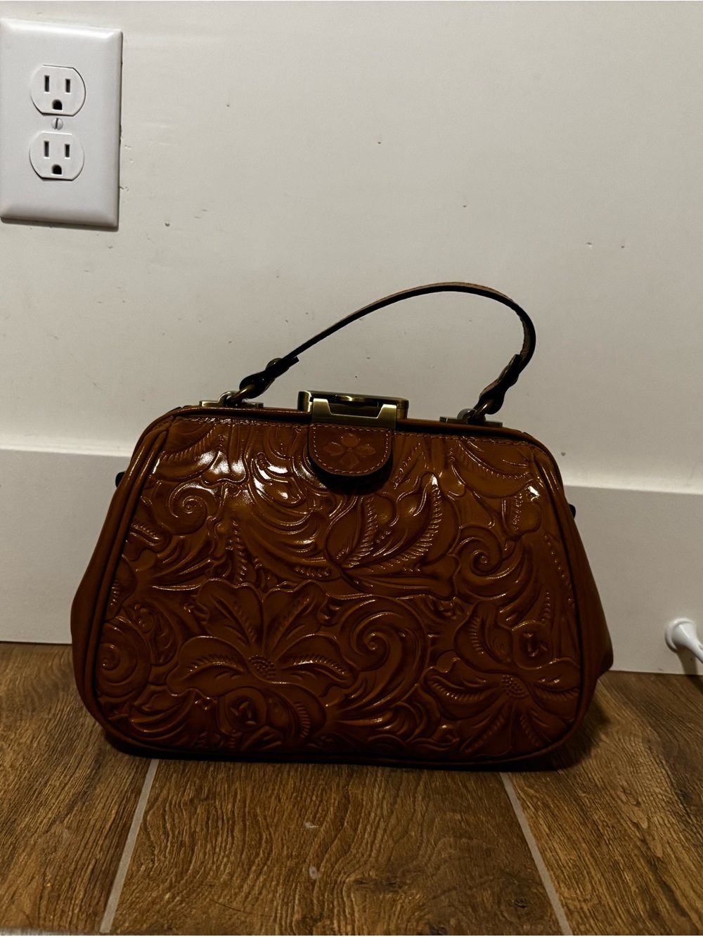 Patricia Nash Embossed Floral Satchel in Cognac Brown